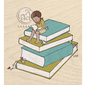 He Loves To Read art print 5x7 cute illustration of boy reading on stack of books post card size image 1