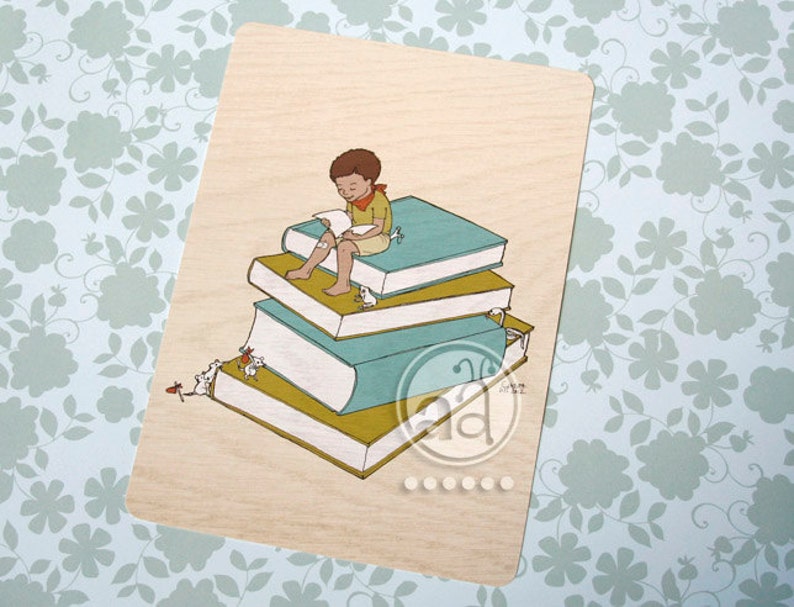 He Loves To Read art print 5x7 cute illustration of boy reading on stack of books post card size image 3