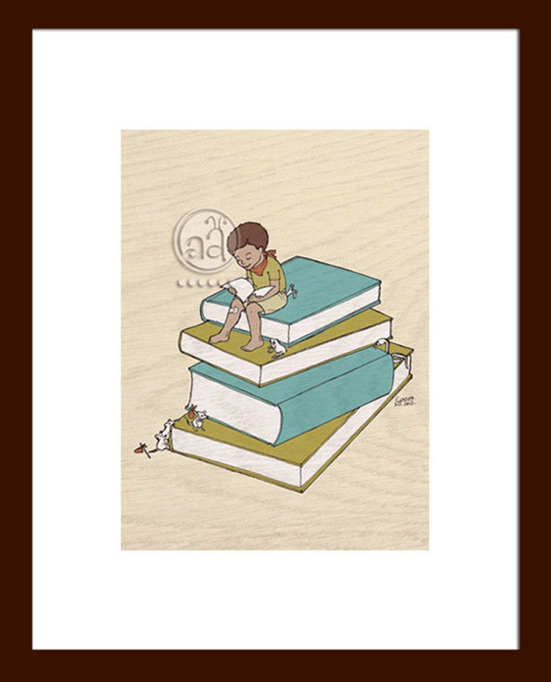 He Loves To Read art print 5x7 cute illustration of boy reading on stack of books post card size image 1