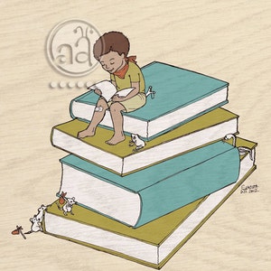 He Loves To Read art print 5x7 cute illustration of boy reading on stack of books post card size image 2