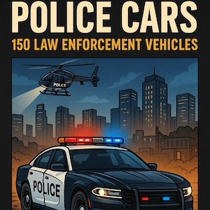 May include: Illustration of a police car with flashing lights, a helicopter, and a cityscape. The image is a coloring book cover with the text "POLICE CARS" and "150 LAW ENFORCEMENT VEHICLES". The words "PDF COLORING BOOK" are also visible.