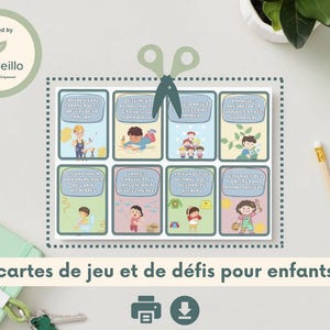May include: A set of children's game and challenge cards with colourful illustrations and text in French. The cards are arranged in a grid, with a pair of scissors above them. The words "cartes de jeu et de défis pour enfants" are at the bottom.