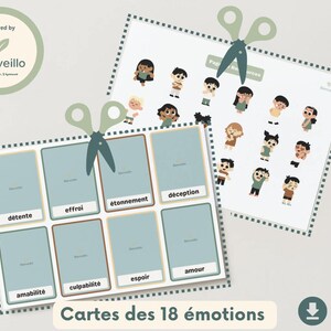 Può includere: Carte didattiche con illustrazioni di persone che esprimono diverse emozioni. Le carte sono in francese e presentano parole come "détente" e "amour". L'immagine include anche un foglio di adesivi con illustrazioni simili e forbici.