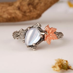 Moonstone ring and branch engagement ring,Rainbow Moonstone Statement Ring, unique Handmade vine ring,Maple Leaf Ring for Women Wedding Gift