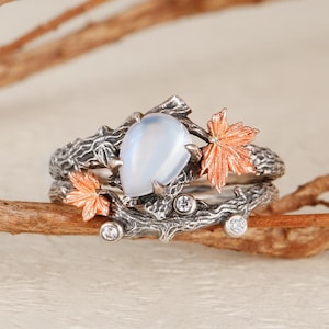 Natural Moonstone Ring Set, Pear Cut Engagement Ring,Twig and Maple Leaf Moss Agate Ring Wedding Ring Promise Ring Gift for her