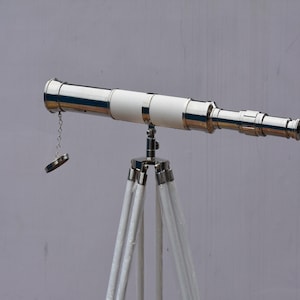 Antique Brass Telescope with Wood Tripod | Floor Standing Nautical Decor | Functional Spyglass | Gift for Him or Dad