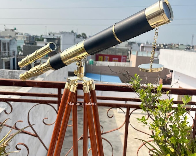Vintage Brass Telescope with Wooden Tripod Adjustable Nautical Telescope Decor Engraved Maritime Gift