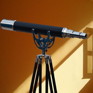 Vintage Brass Telescope on Wooden Tripod – 27&quot; Floor Standing Nautical Decor, Antique Maritime Scope for Home, Office, or Gift