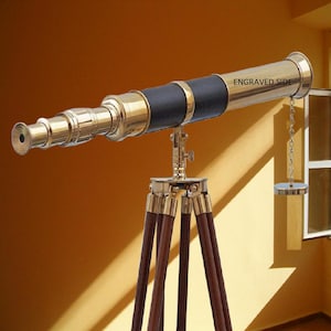 Nautical Brass Telescope Floor Standing Handmade Brass Spyglass Telescope with Wooden Tripod  Vintage Maritime Décor Gift
