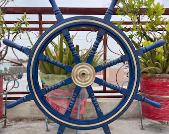Handcrafted Wooden Ship Steering Wheel with Polished Brass Center Nautical Wall-Decor, Coastal Home Office