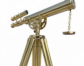 Telescopio rifrattore in ottone stile antico personalizzato con treppiede in legno, regalo nautico inciso.