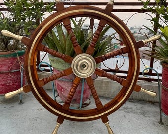 Personalized Wooden Ship Wheel Wall Decor Handmade Nautical Boat Wheel with Brass Handles Custom-Gift
