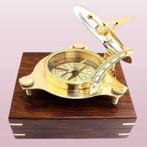 Personalized Brass Sundial Compass with Teak Box: Nautical Gift for Adventurers