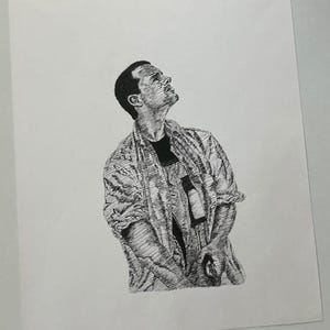 Pen and Ink Crosshatch Drawing, original artwork pen and ink, artwork of nautica male model, pen and ink drawing of a man