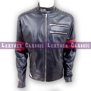 Men&#39;s Black Sheepskin Leather Jacket with Red Stripe Sleeves | Zipper Details | Biker Style Outerwear