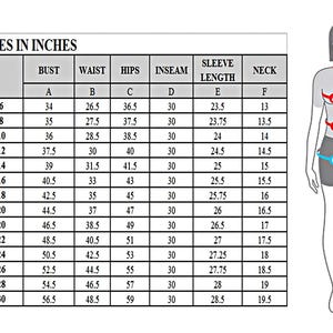 May include: A size chart for women's clothing, displaying measurements in inches. The chart includes bust, waist, hips, inseam, sleeve length, and neck measurements for sizes 6 through 30. A diagram illustrates where to measure.