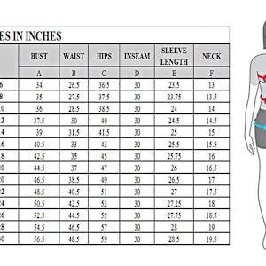 May include: A size chart for women's clothing, displaying measurements in inches. The chart includes bust, waist, hips, inseam, sleeve length, and neck measurements for sizes 6 through 30. A diagram illustrates where to measure.