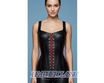 Corsetto bustier in pelle di pecora nera - con lacci rossi, stile editoriale