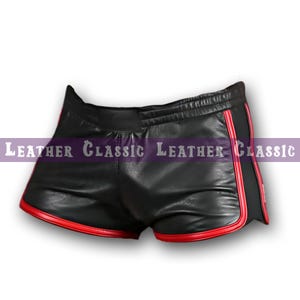 Men's Black Sheepskin Leather Athletic Shorts: Red Trim, Elastic Waist