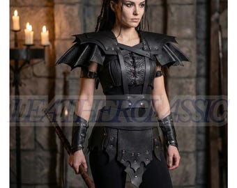 May include: Black leather armor set with shoulder pauldrons, a corset-style top, and a studded belt. The set includes matching arm cuffs and a skirt-like bottom. The image shows a person wearing the armor, holding a staff.