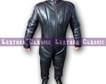 Men's Sheepskin Leather Jumpsuit: Quilted Shoulder, High Collar