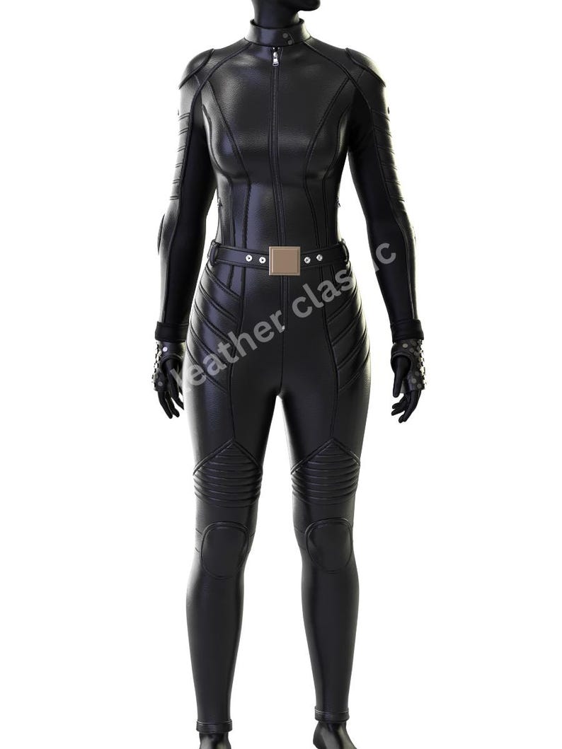 May include: A black leather jumpsuit with a high collar and a front zipper. The jumpsuit features a belt with a rectangular buckle and quilted detailing on the shoulders, arms, and legs. The text "leather classic" is visible.