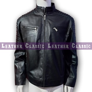 Premium Men’s Black Sheepskin Biker Jacket | Quilted Shoulder Detailing | Stylish Leather Outerwear for Casual Wear | Mature