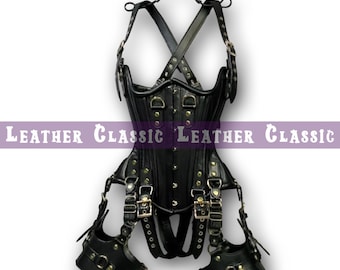 Women's Full-Body Sheepskin Leather Black Corset Set with Shoulder  Straps – Restraint Gear | Mature