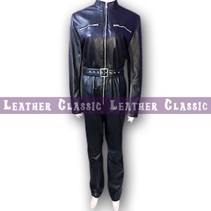 Black Sheepskin Leather Jumpsuit: Belted Waist, Zipper Front - Sleek Full Body Suit