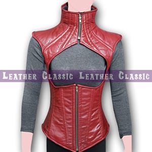 Red Sheepskin Leather Corset Vest: Gothic Cosplay Zip-Up Top