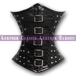Black Sheepskin Leather Underbust Corset: Studded Buckle Waist Cincher