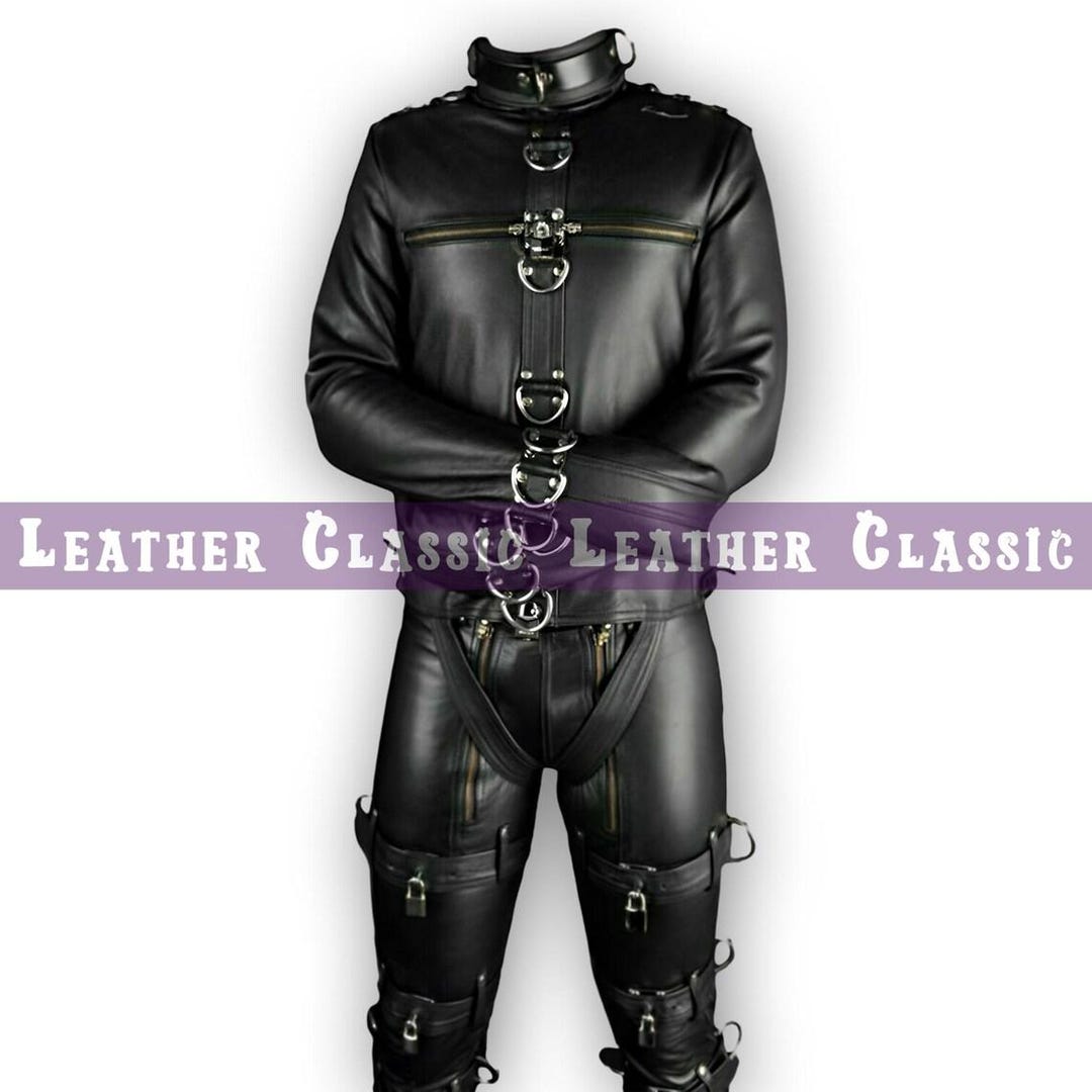 Heavy Duty Black Leather Straight Jacket Matching Bondage Pants Set heavy-duty-black-leather-straight-jacket-matching-bondage-pants-set