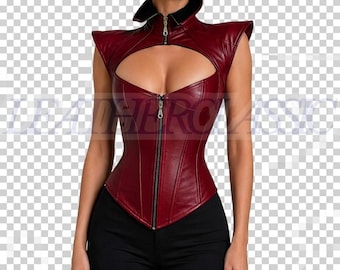 Women's Genuine Sheepskin Leather Corset Vest, Burgundy Zip Front Waist Cincher, Lace Up Back, High Collar Statement Top
