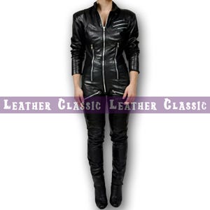 Women’s Genuine Sheepskin Leather Catsuit –Black Biker Costume for Cosplay or Clubwear