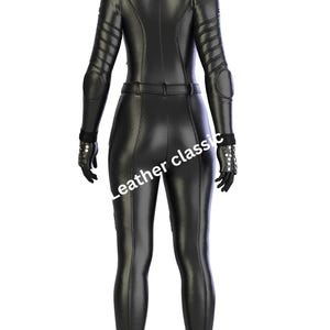 May include: A black leather jumpsuit with a high collar, long sleeves, and a fitted silhouette. The jumpsuit features padded details on the shoulders and elbows, a belt at the waist, and gloves with studded accents. The text "Leather classic" is visible.