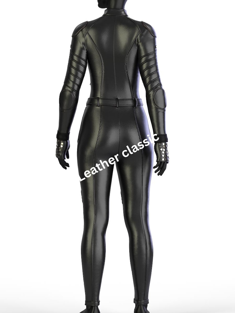 May include: A black leather jumpsuit with a high collar, long sleeves, and a fitted silhouette. The jumpsuit features padded details on the shoulders and elbows, a belt at the waist, and gloves with studded accents. The text "Leather classic" is visible.