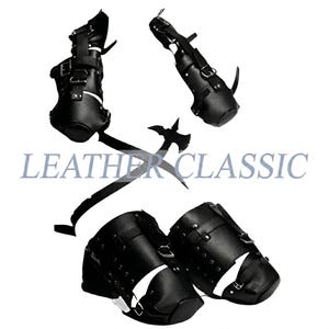May include: Black leather leg and arm armor with buckles and straps. The image includes multiple pieces of armor, including leg and arm guards, and the text "LEATHER CLASSIC".