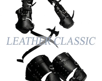 Black Genuine Sheepskin Leather Adjustable Ankle Cuffs Set with Straps