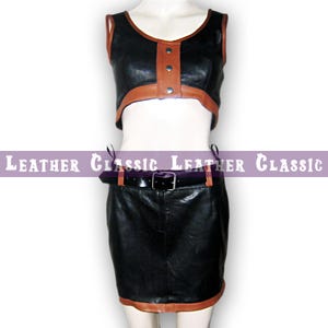 Women's Sheepskin Leather 2-Piece Set – Black & Brown Cropped Top with Belted Skirt | Stylish Leather Outfit