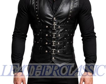 Herren Schwarze Leder Korsett Weste - Gothic Steampunk Weste - Schnalle & Nieten Biker Weste
