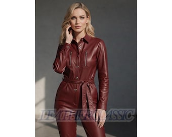Burgundy Leather Jumpsuit - Women's Genuine Leather Belted One Piece