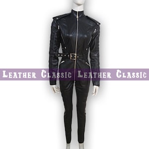 Black Leather Jumpsuit for Women – Premium Sheepskin, Belted Waist, Quilted Sleeve Design, Zipper Details | Mature