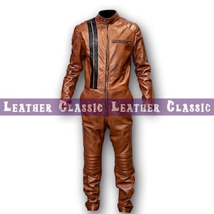 Men's Tan Sheepskin Leather Jumpsuit – Modern Stripe Detail Outfit