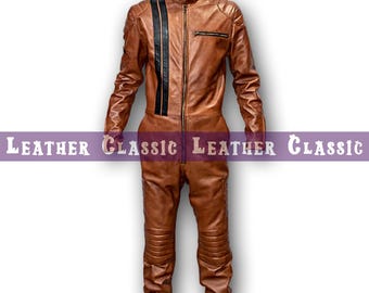 Men's Tan Sheepskin Leather Jumpsuit – Modern Stripe Detail Outfit