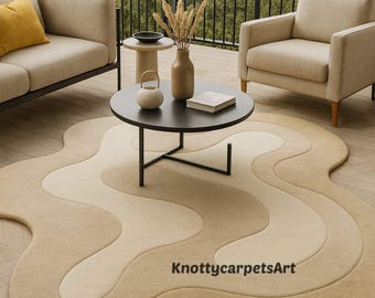 Hand-Tufted Wool Rug: Abstract Beige Wavy, Organic Shape