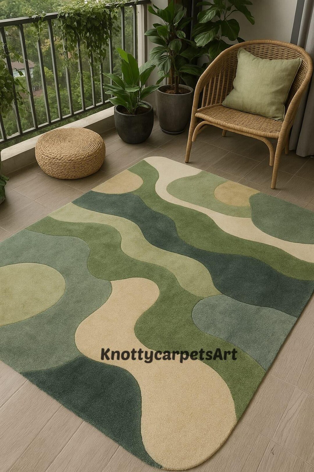 Handmade Tufted Green Wavy Rug | Contemporary Nature-inspired Abstract ...