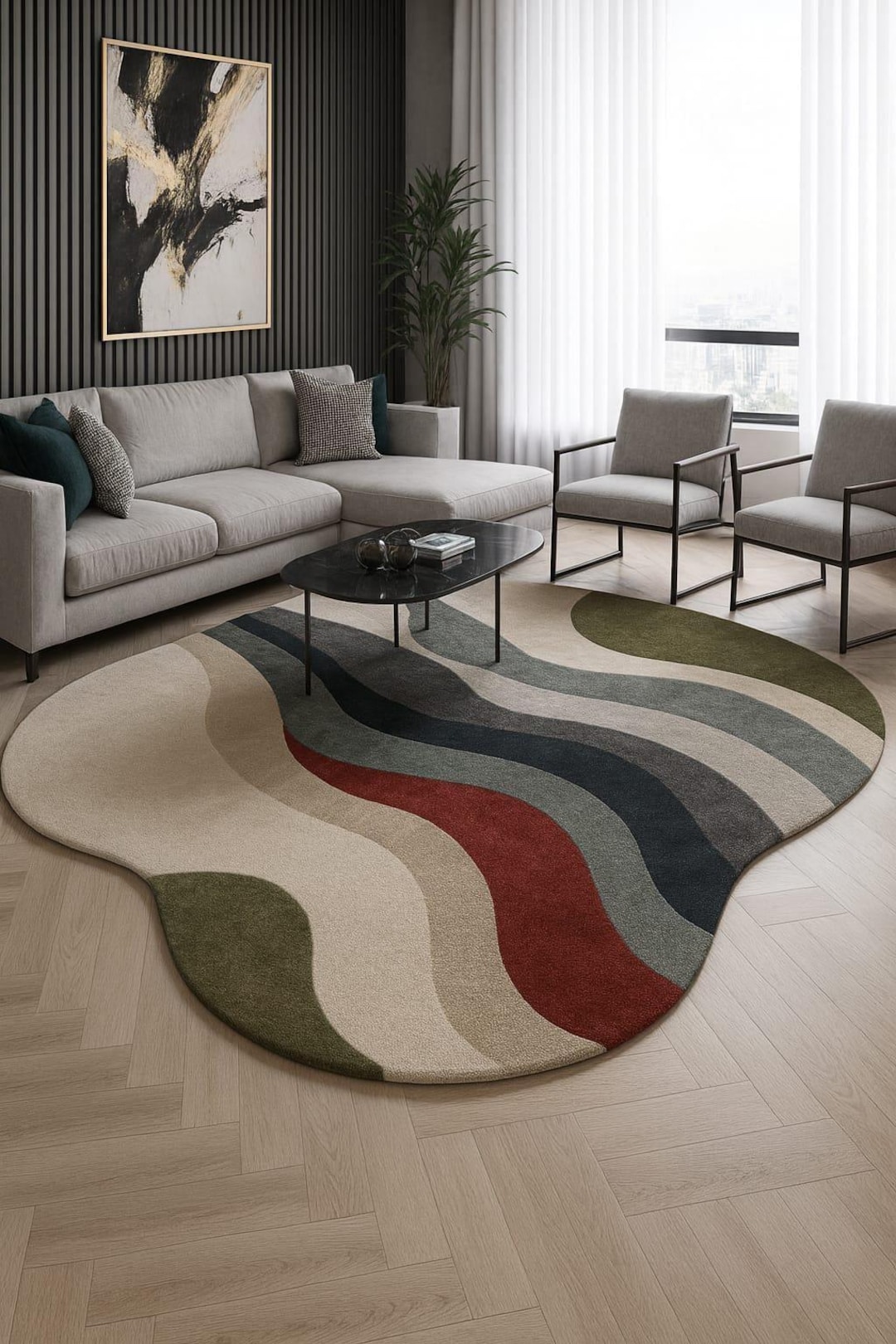 Unique Abstract Curved Area Rug | Multi-color Wavy Pattern | Statement ...