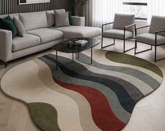 Uniek abstract gebogen vloerkleed | Meerkleurig golvend patroon | Statement vloerkunst