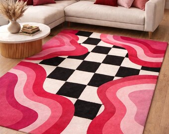 Alfombra de tablero de ajedrez ondulado hecha a mano: espiral retro de los años 70, colorida