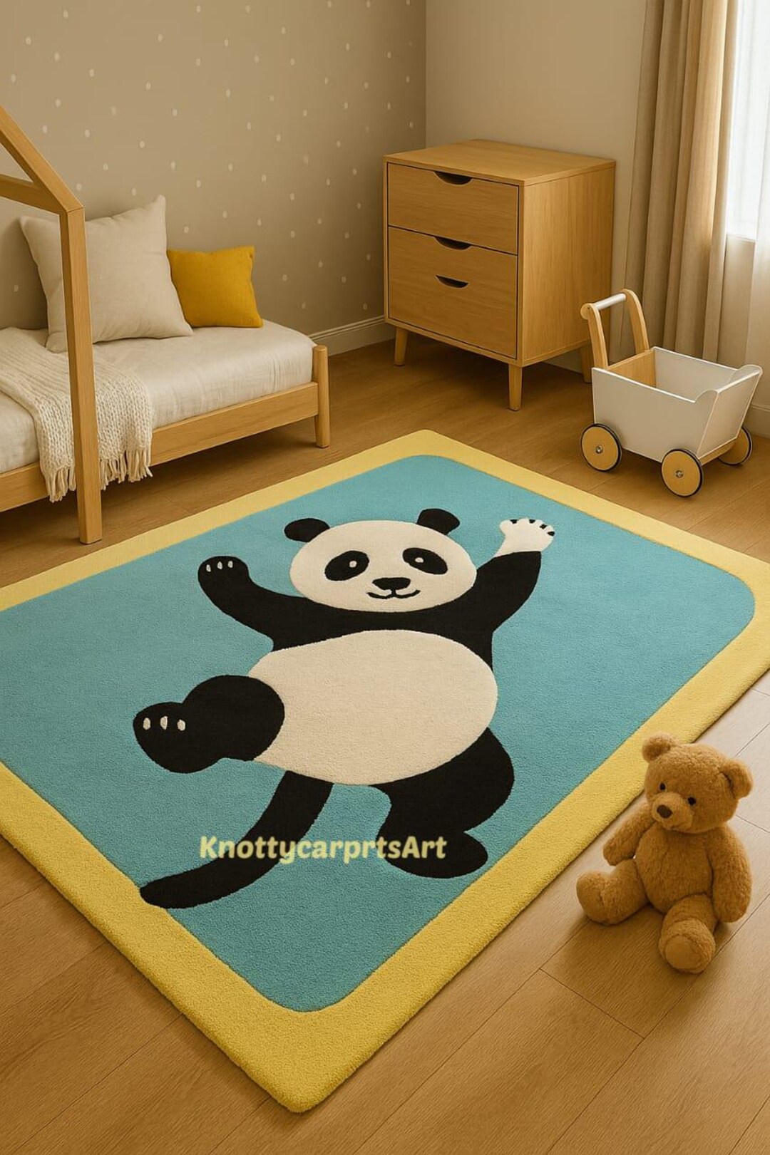 Kids Panda Rug, Blue and Yellow Playroom Mat, Nursery Decor, Animal ...